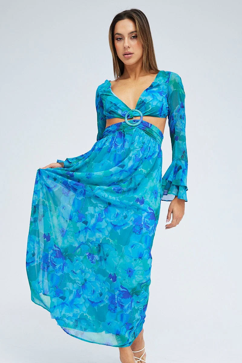 Blue Floral Maxi Dress Flared Sleeve Ring Detail Chiffon - Image 2