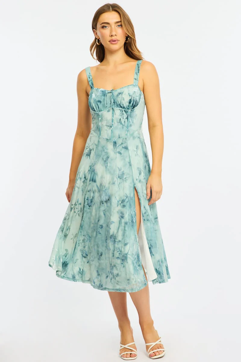 Blue Floral Midi Dress Gathered Bust - Image 2