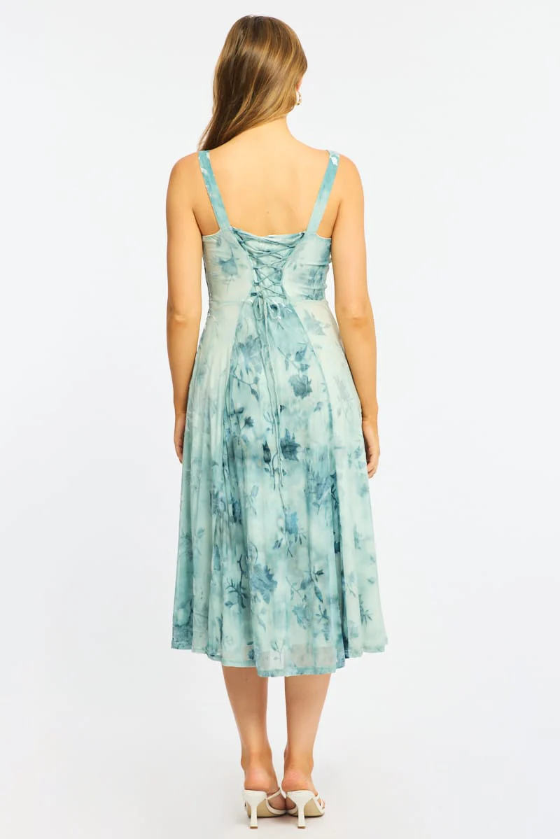Blue Floral Midi Dress Gathered Bust - Image 5