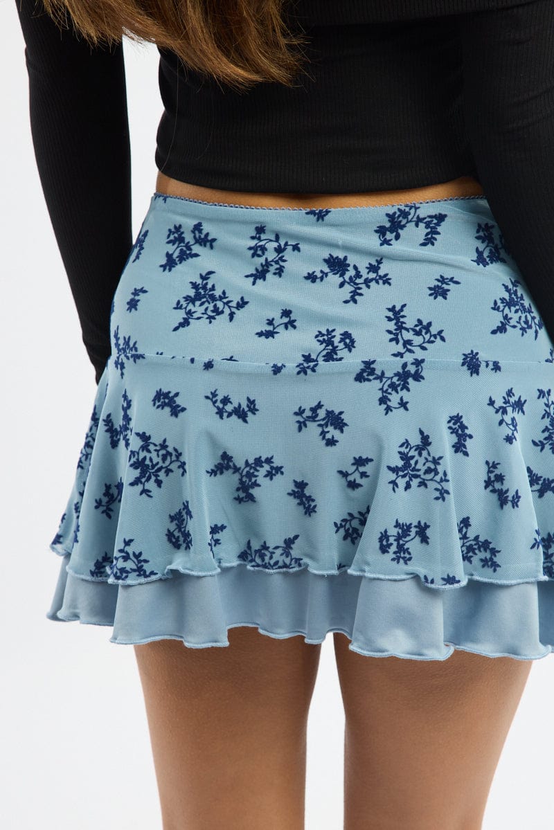 Blue Floral Mini Skirt Elastic Waist Skater Layered Burnout - Image 6