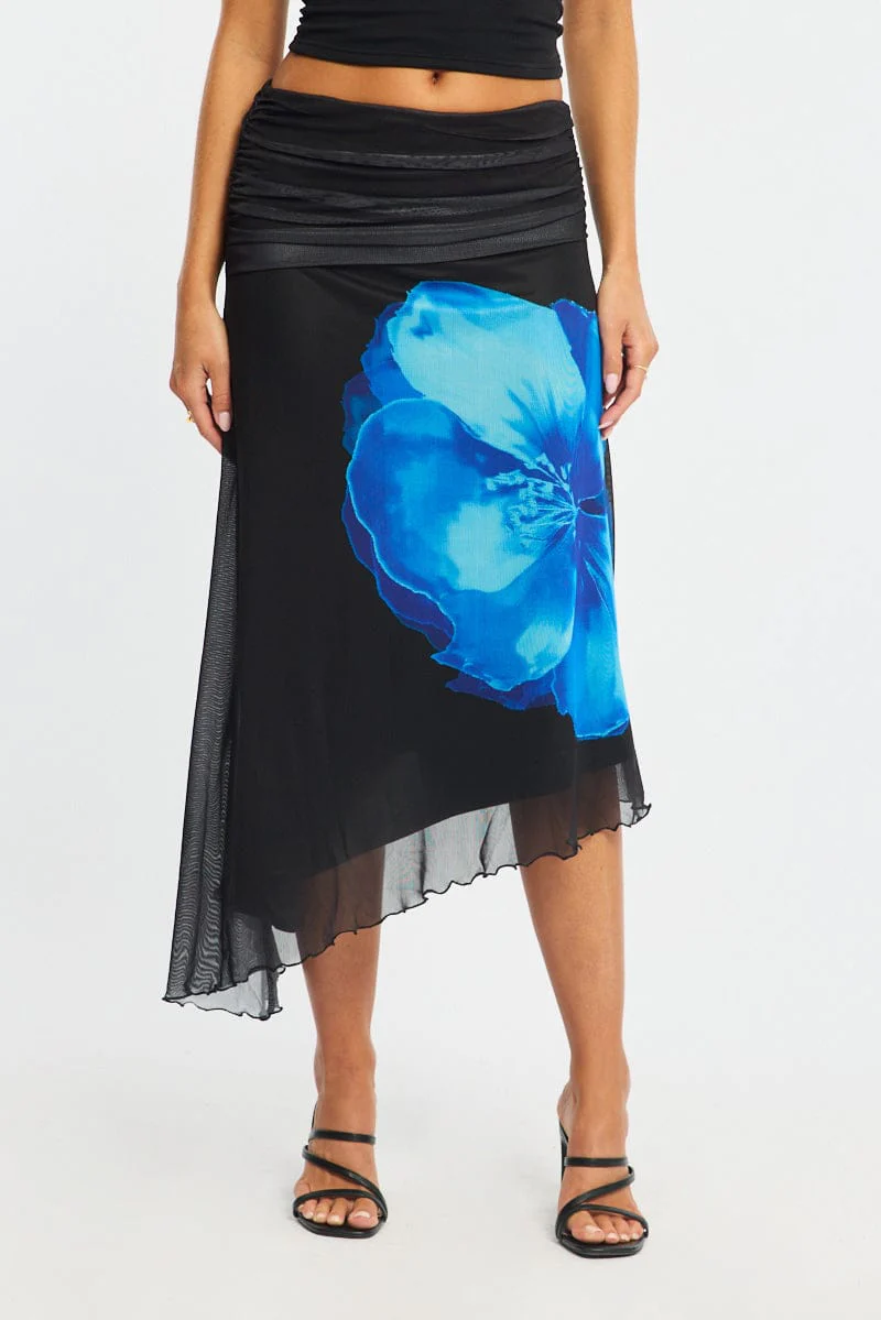Blue Floral Scarf Hem Midi Skirt Elastic Waist Placement Print - Image 2