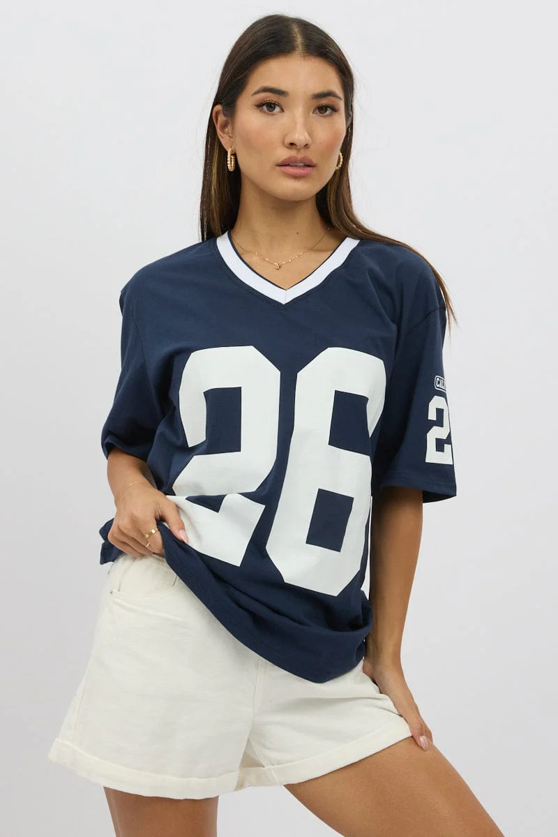 Blue Graphic Tee V Neck Short Sleeve