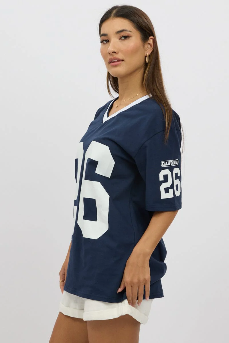Blue Graphic Tee V Neck Short Sleeve - Image 4