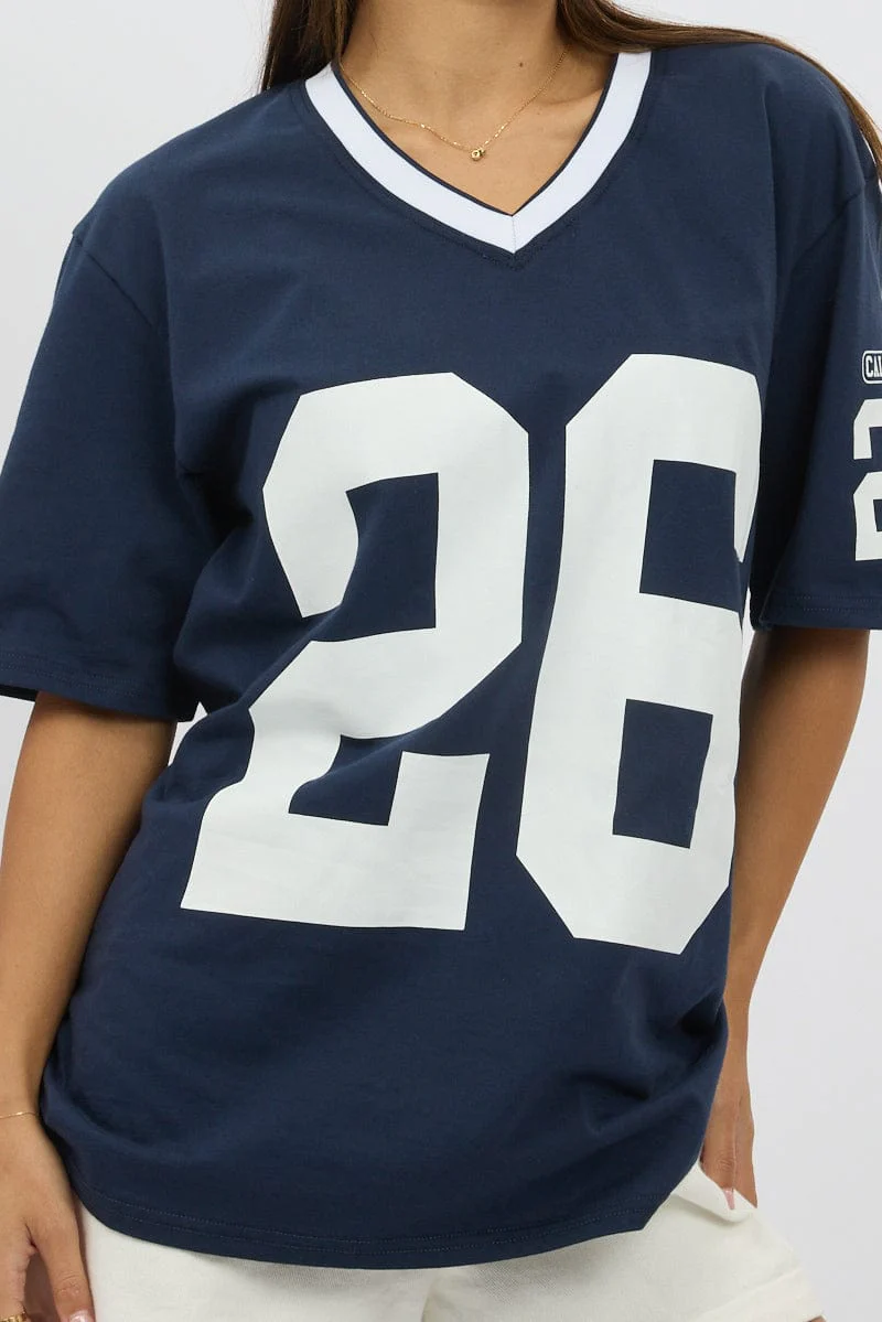 Blue Graphic Tee V Neck Short Sleeve - Image 6