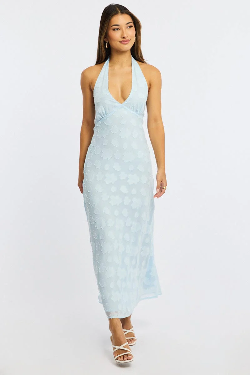 Blue Halter Neck Midi Dress