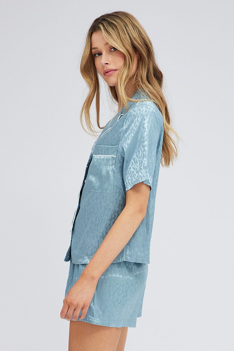Blue Jacquard Leopard Satin Piping Detail Pyjama Set - Image 4