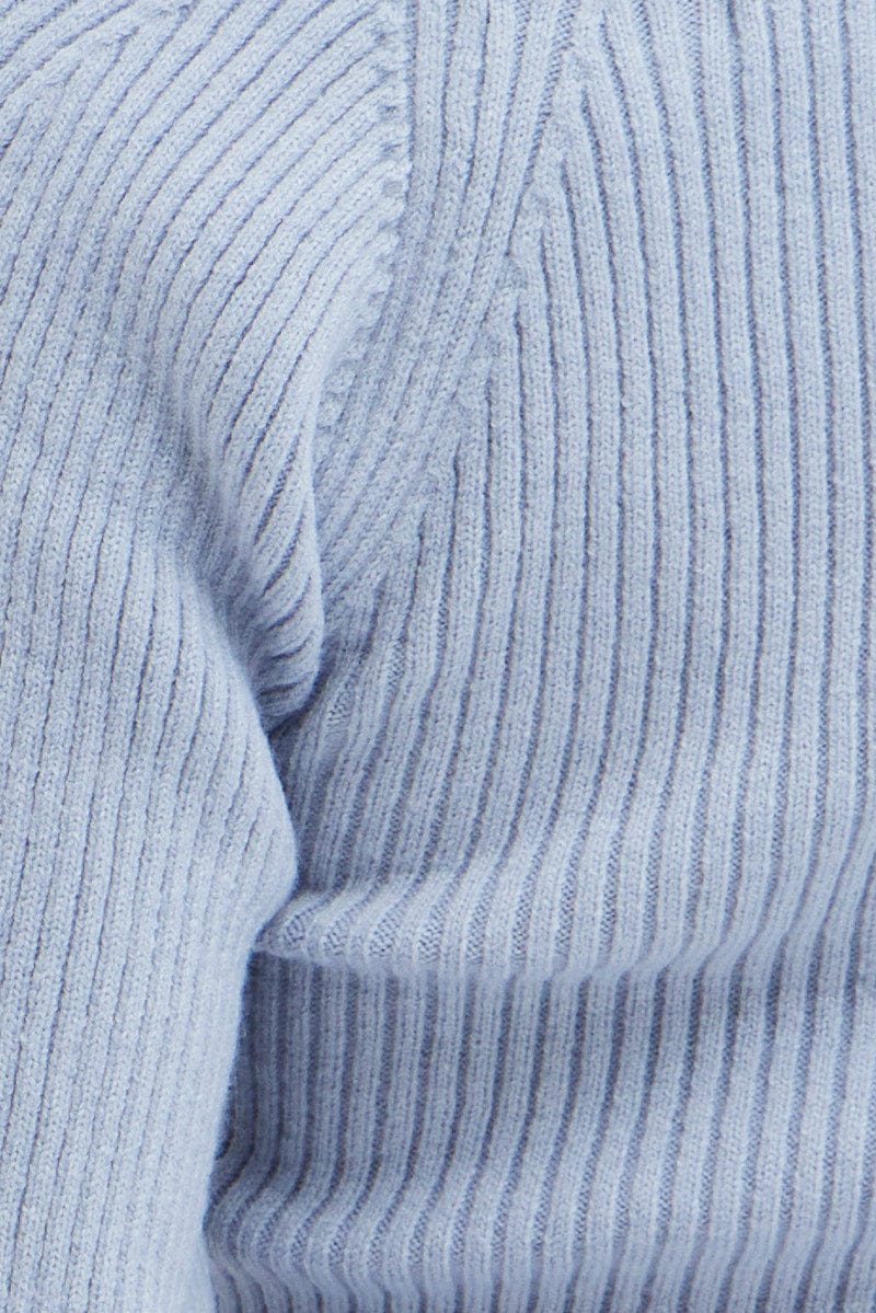 Blue Knit Top Sweet Heart Neck Volume Sleeve Crop - Image 6