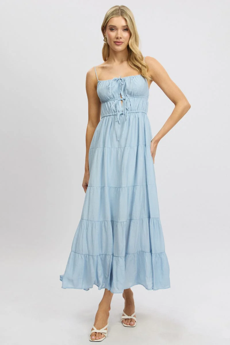Blue Maxi Dress Ruched Detail - Image 3