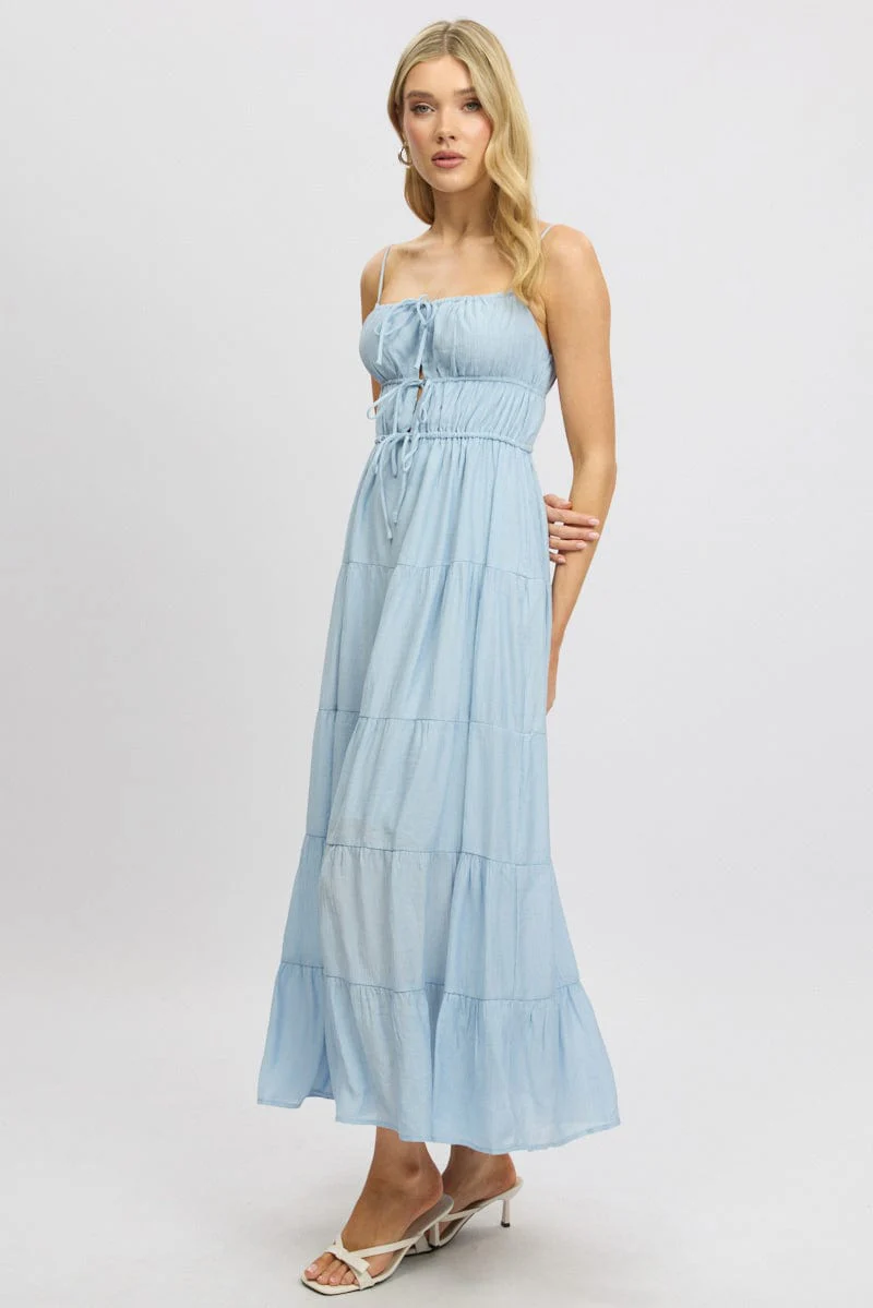 Blue Maxi Dress Ruched Detail - Image 4