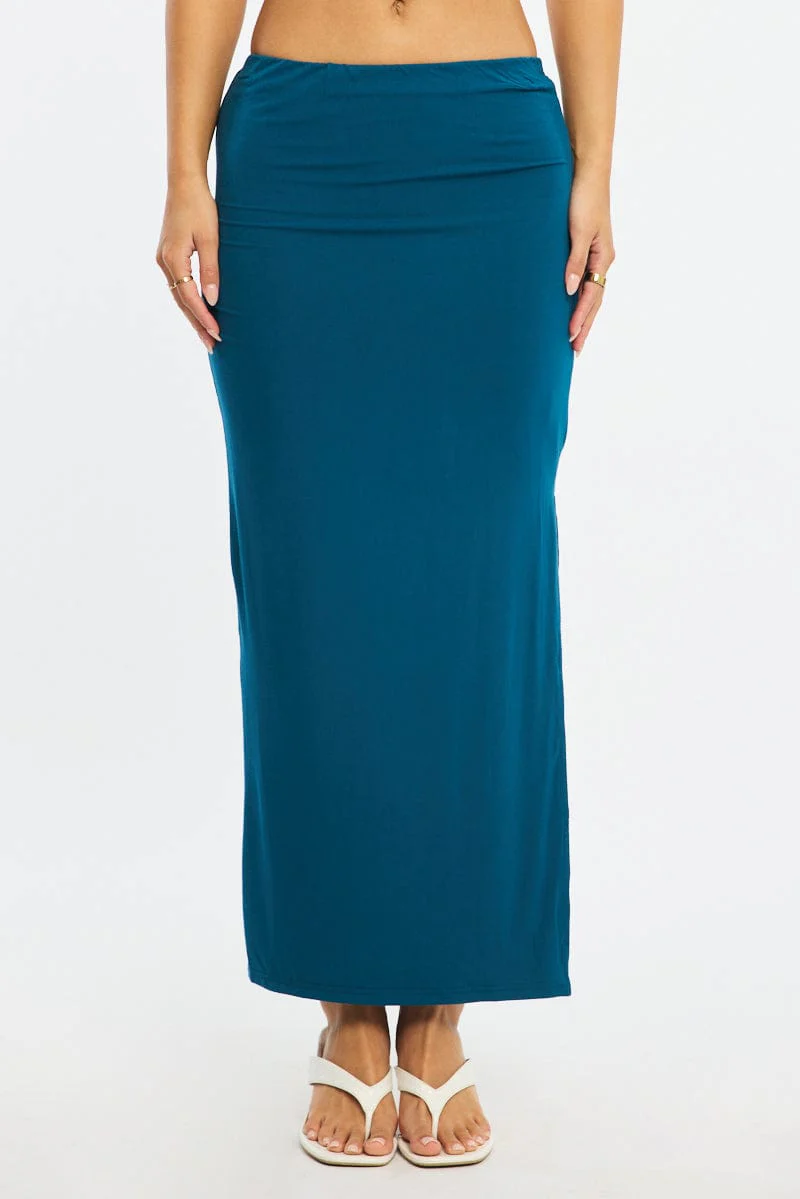 Blue Maxi Skirt Elasticated Waist Side Split Lined - Image 2