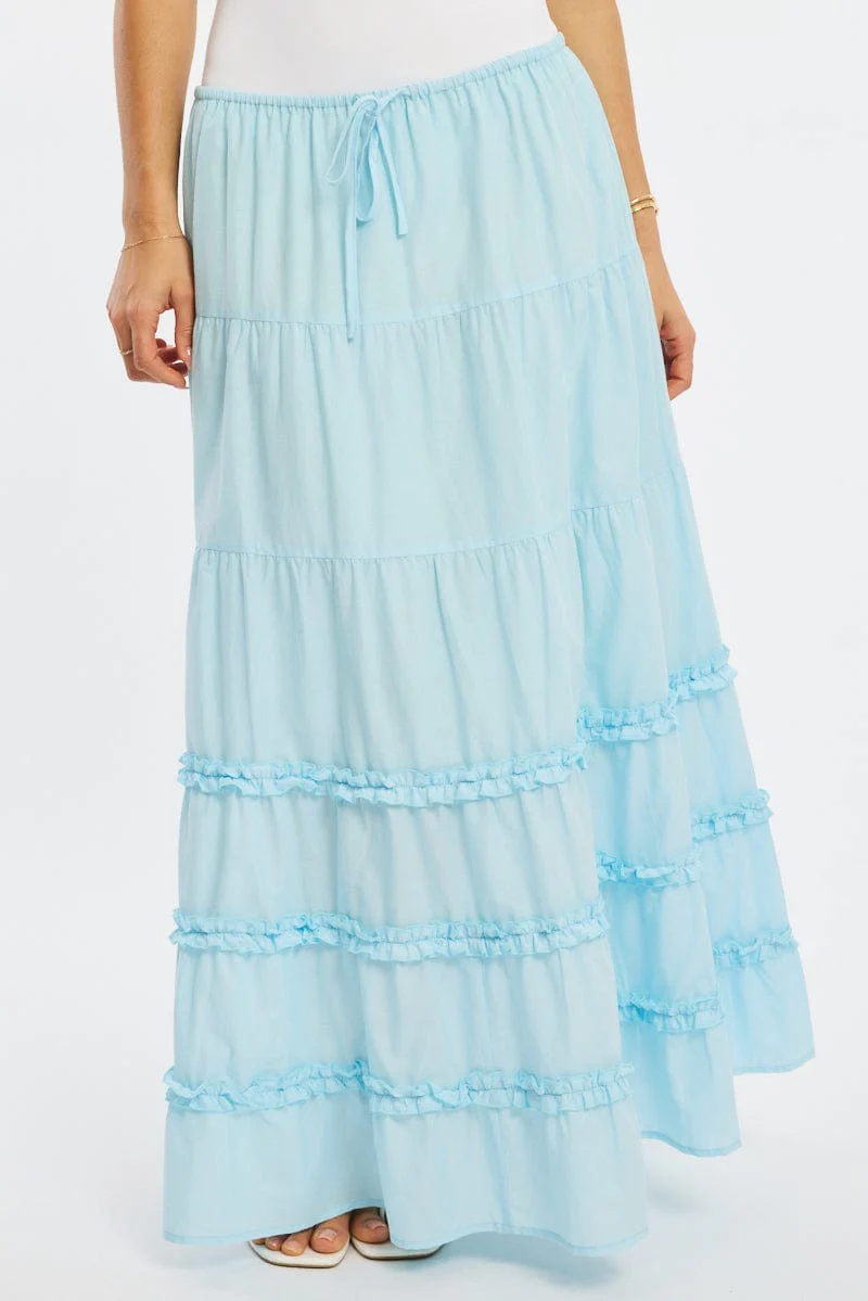 Blue Maxi Skirt Elasticated Waist Tiered Frilled Detail - Image 2