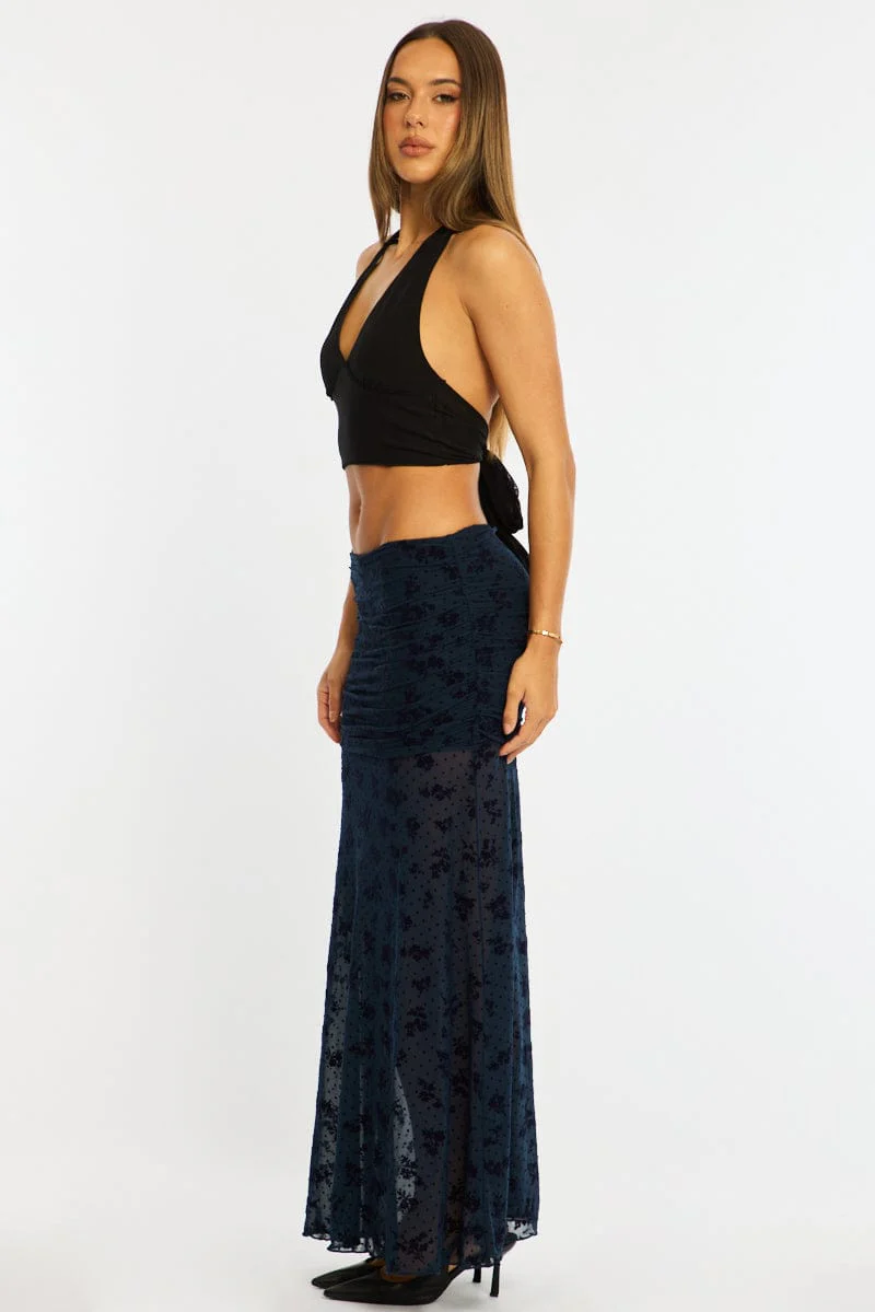 Blue Maxi Skirt High Waisted Fit & Flare Burnout - Image 4