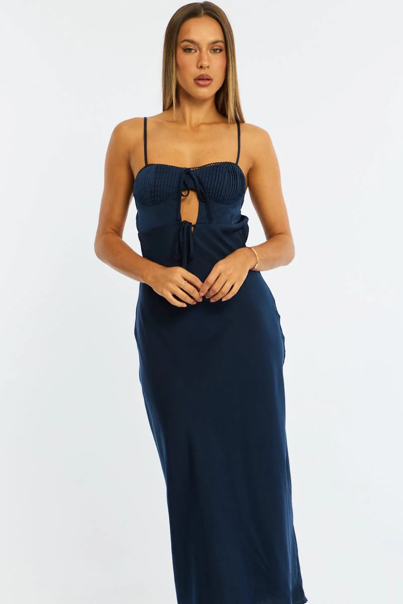Blue Midi Dress Ribbon Detail Satin - Image 2