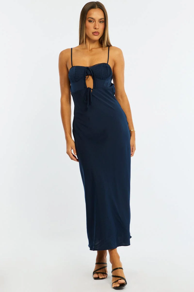 Blue Midi Dress Ribbon Detail Satin - Image 3