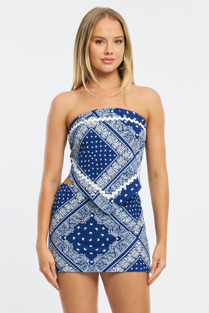 Blue Paisley Linen Blend Mini Skort High Rise Shorts Lined