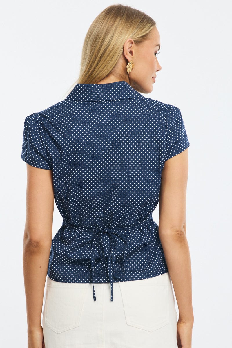 Blue Polka Dot Button Up Shirt Short Sleeve Collared Tie Back - Image 4