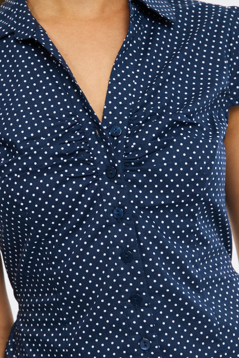 Blue Polka Dot Button Up Shirt Short Sleeve Collared Tie Back - Image 5