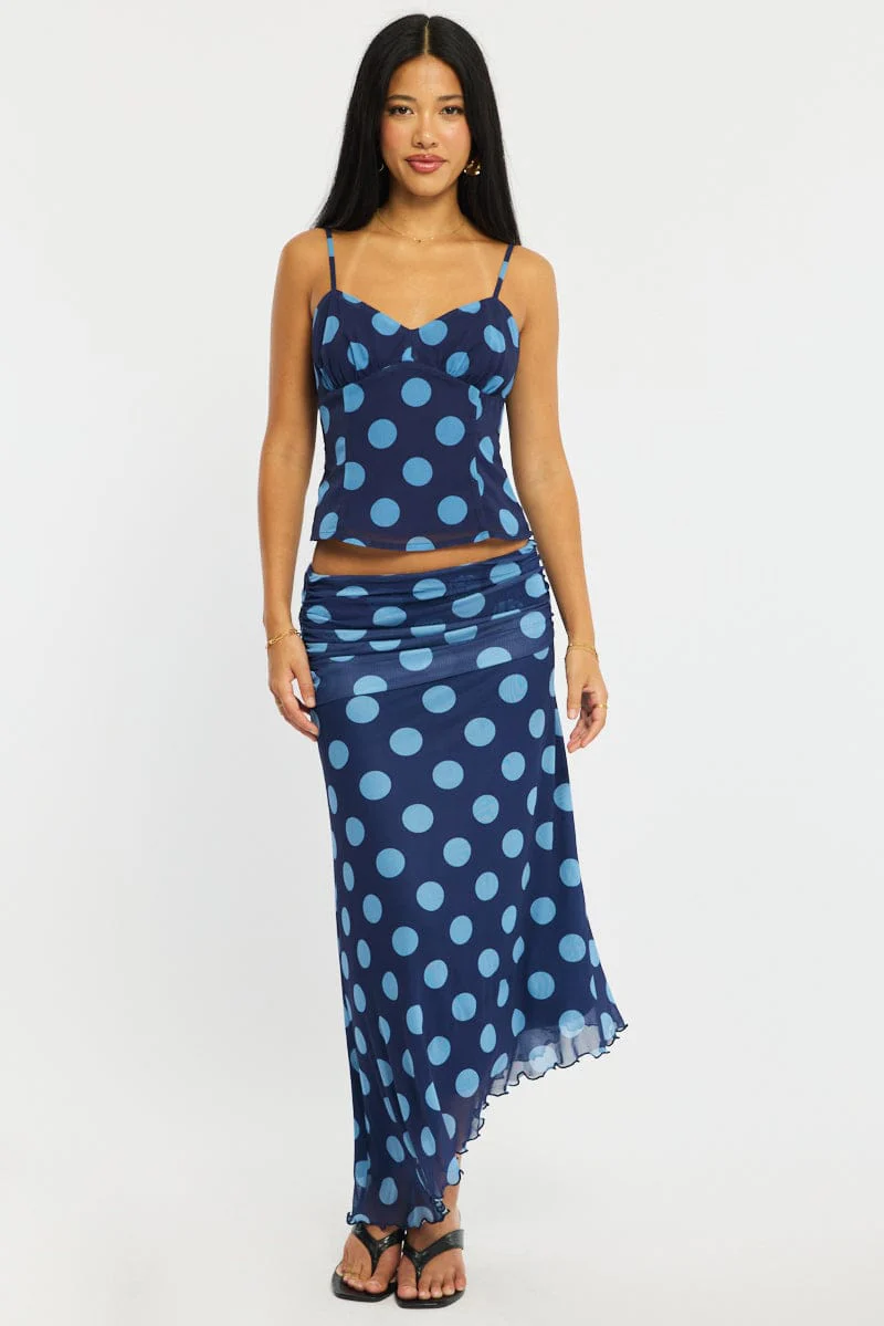 Blue Polka Dot Strappy Cami Top Sleeveless V-neck - Image 2