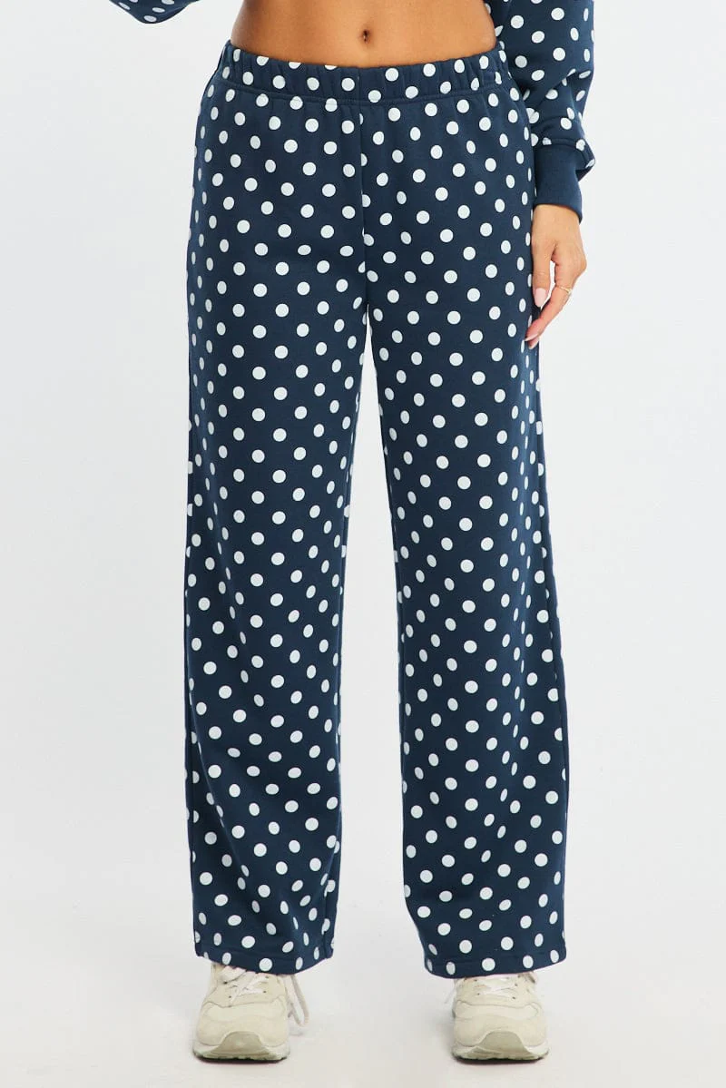 Blue Polka Dot Track Pants Wide Leg - Image 2