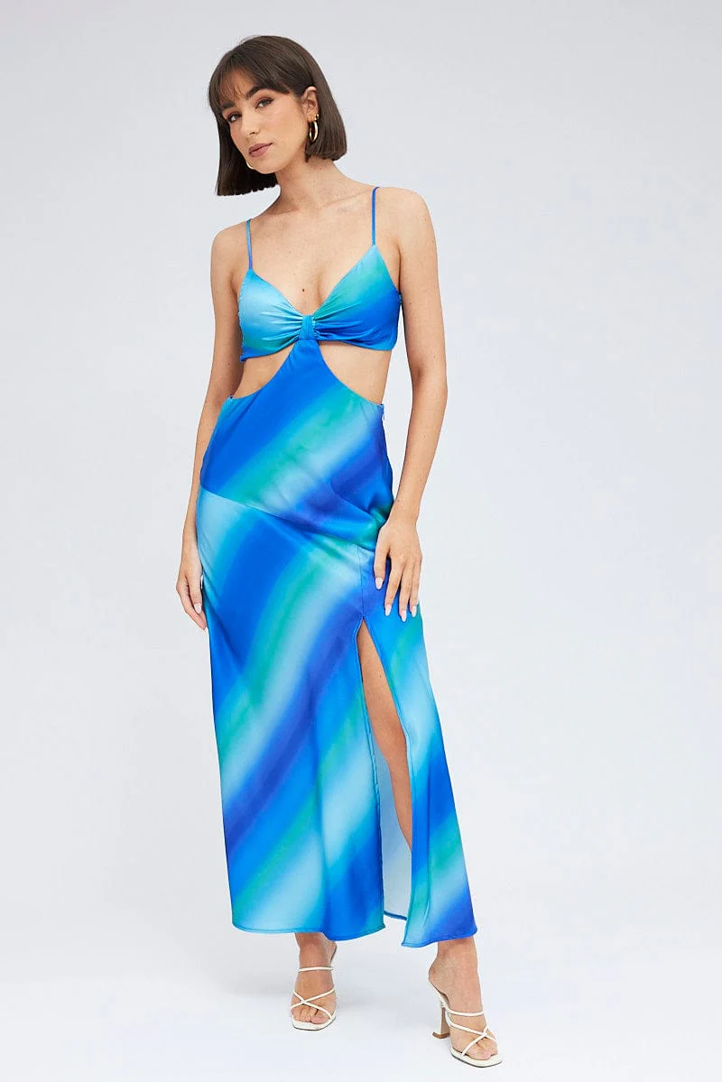Blue Print Strappy Dress Maxi Ombre Cut Out Satin - Image 3