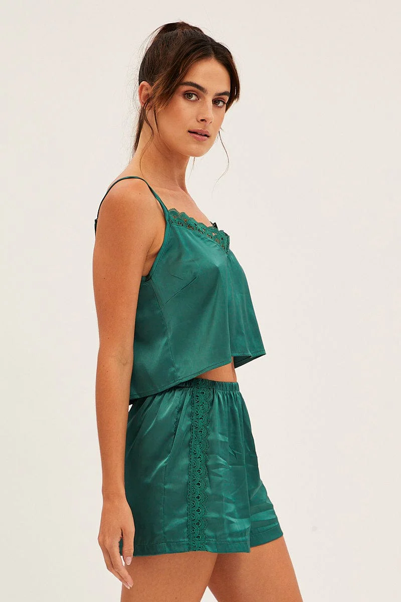 Teal Pyjamas Set Sleeveless Cami Shorts Satin - Image 4