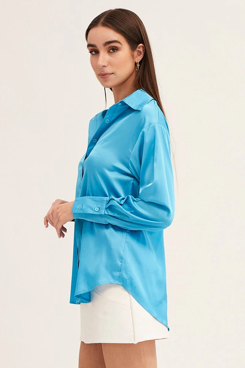 Blue Satin Shirt Long Sleeve Collared Longline - Image 4