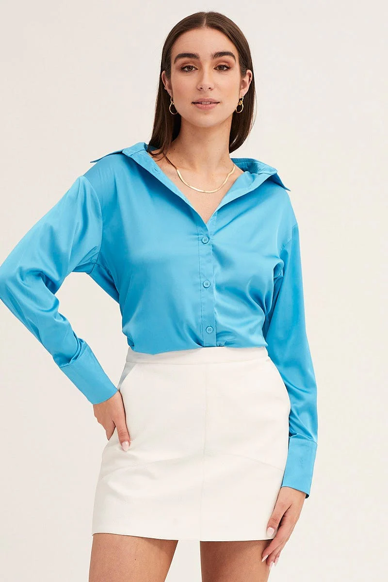 Blue Satin Shirt Long Sleeve Collared Longline - Image 5