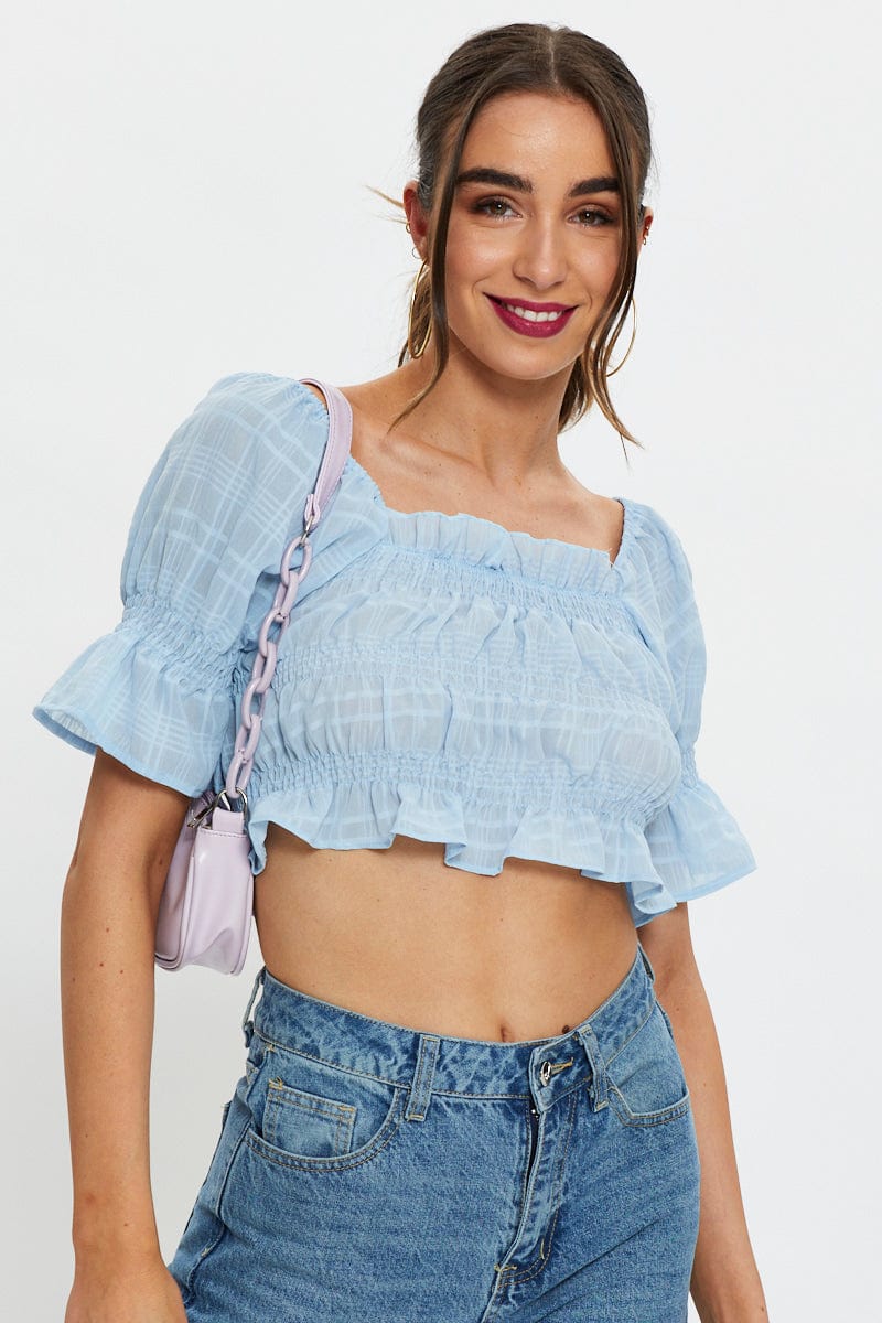 Blue Short Sleeve Textured Shirred Puff Sleeve Crop Top