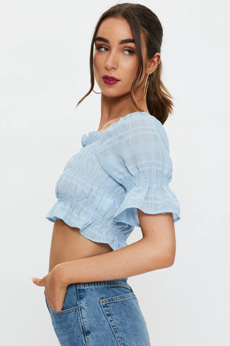 Blue Short Sleeve Textured Shirred Puff Sleeve Crop Top - Image 4