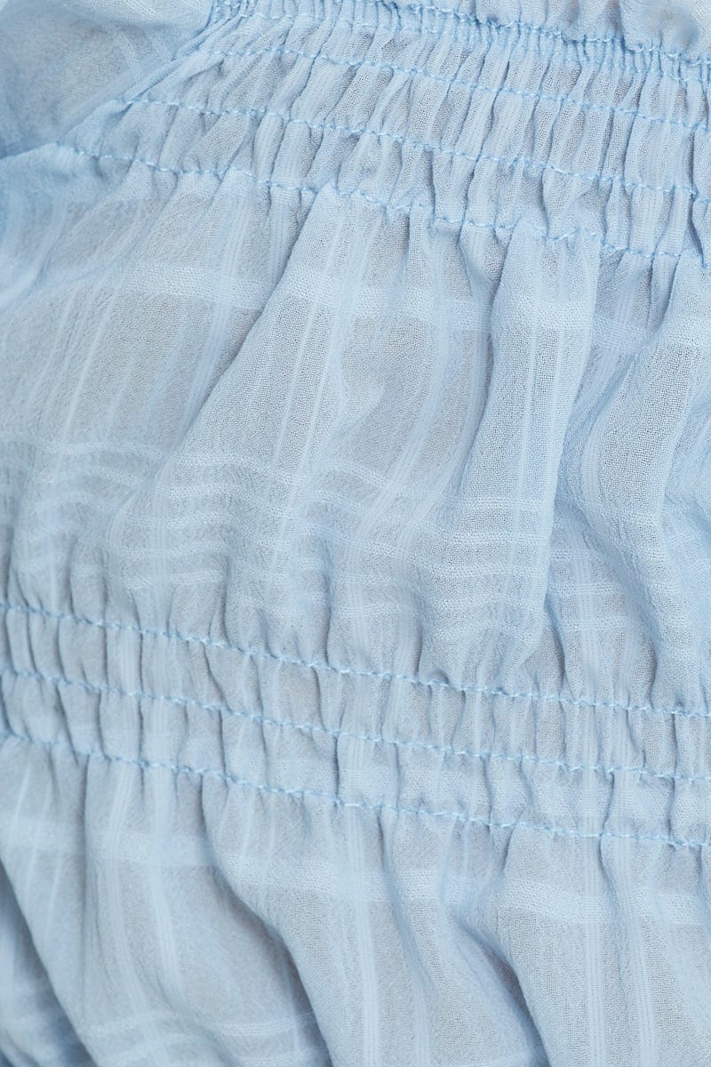Blue Short Sleeve Textured Shirred Puff Sleeve Crop Top - Image 6