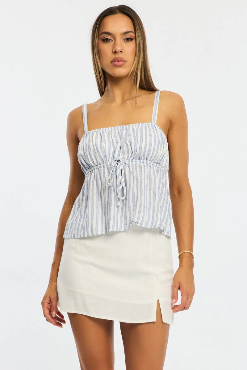 Blue Stripe Cami Top Sleeveless Front Tie Babydoll