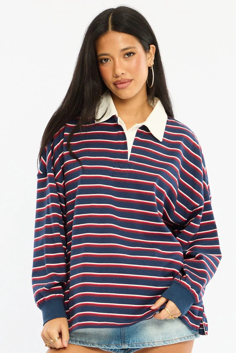 Blue Stripe Collared Top Long Sleeve