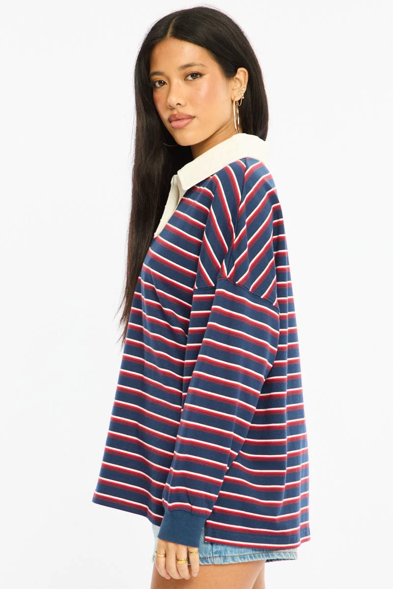 Blue Stripe Collared Top Long Sleeve - Image 3