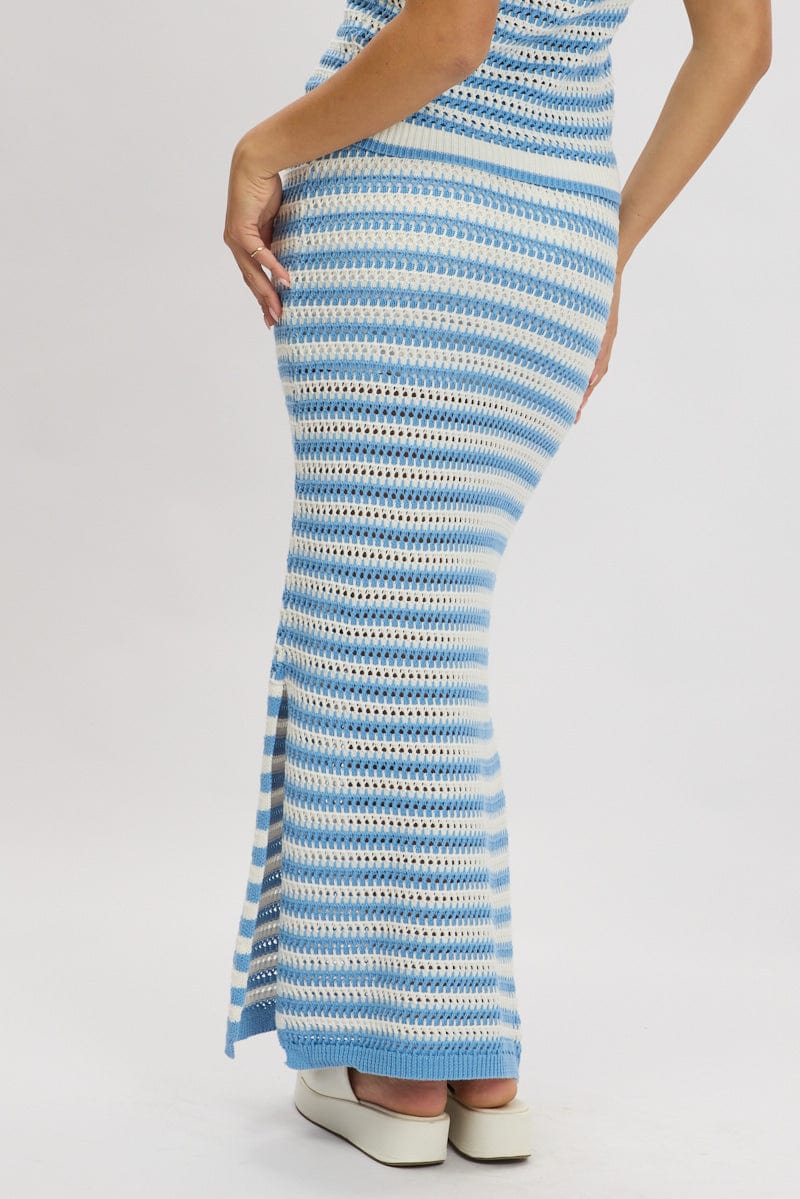 Blue Stripe Crochet Knit Skirt Elastic Waist Midi Lined - Image 5