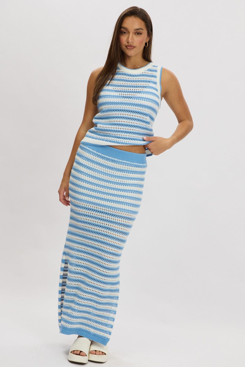 Blue Stripe Crochet Knit Vest Sleeveless - Image 2