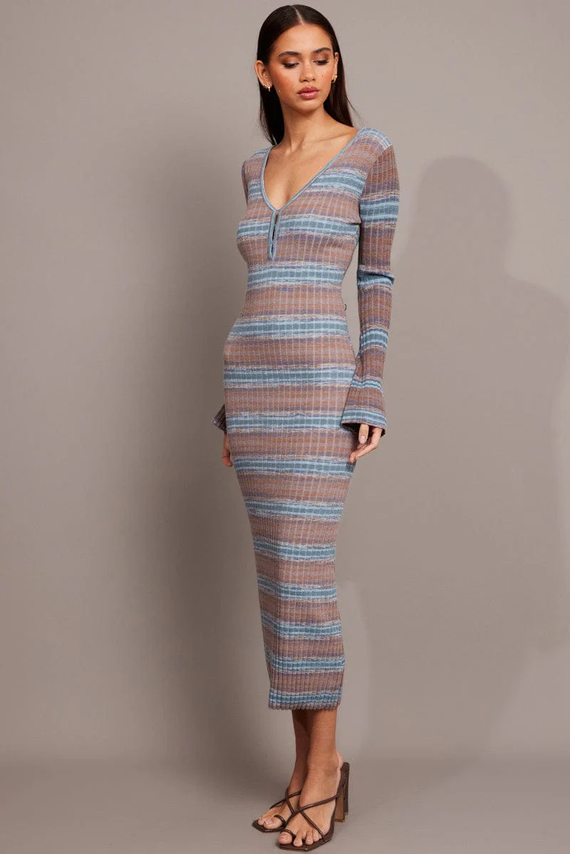 Blue Stripe Knit Dress Long Sleeve - Image 4