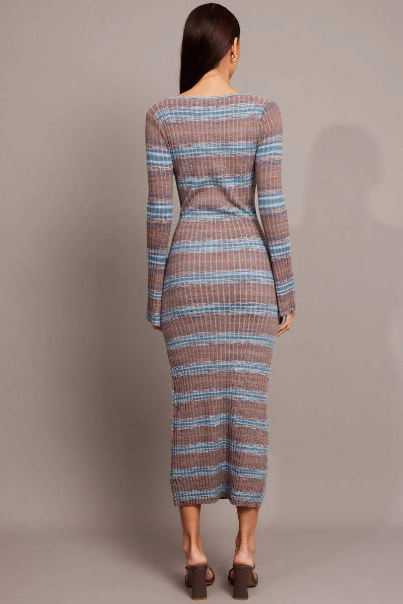 Blue Stripe Knit Dress Long Sleeve - Image 5