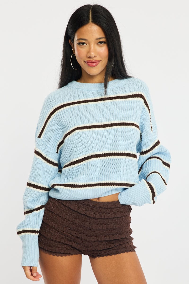 Blue Stripe Knit Top Long Sleeve Color Block