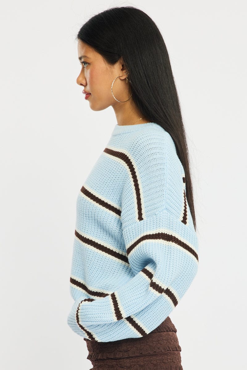 Blue Stripe Knit Top Long Sleeve Color Block - Image 3