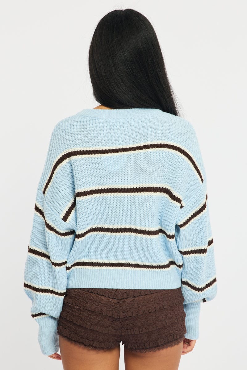 Blue Stripe Knit Top Long Sleeve Color Block - Image 4