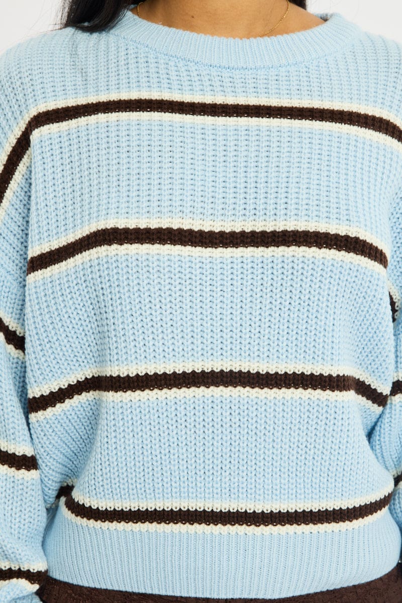 Blue Stripe Knit Top Long Sleeve Color Block - Image 5