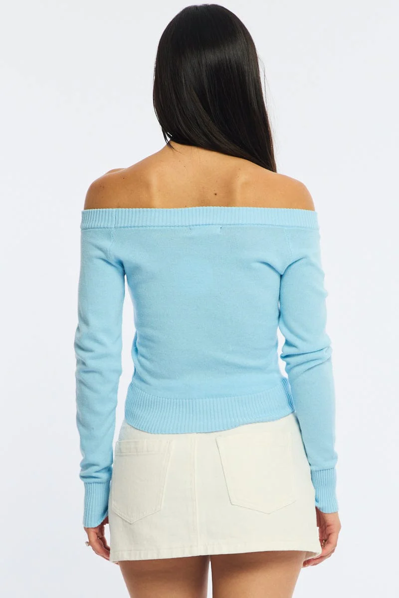 Blue Stripe Knit Top Off Shoulder Long Sleeve - Image 5