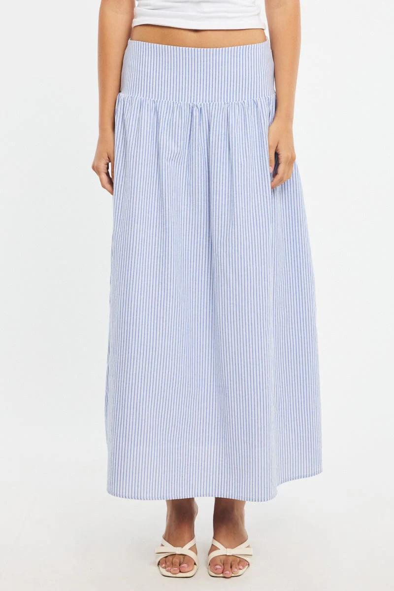 Blue Stripe Maxi Skirt Drop Waist Shirred Back - Image 2