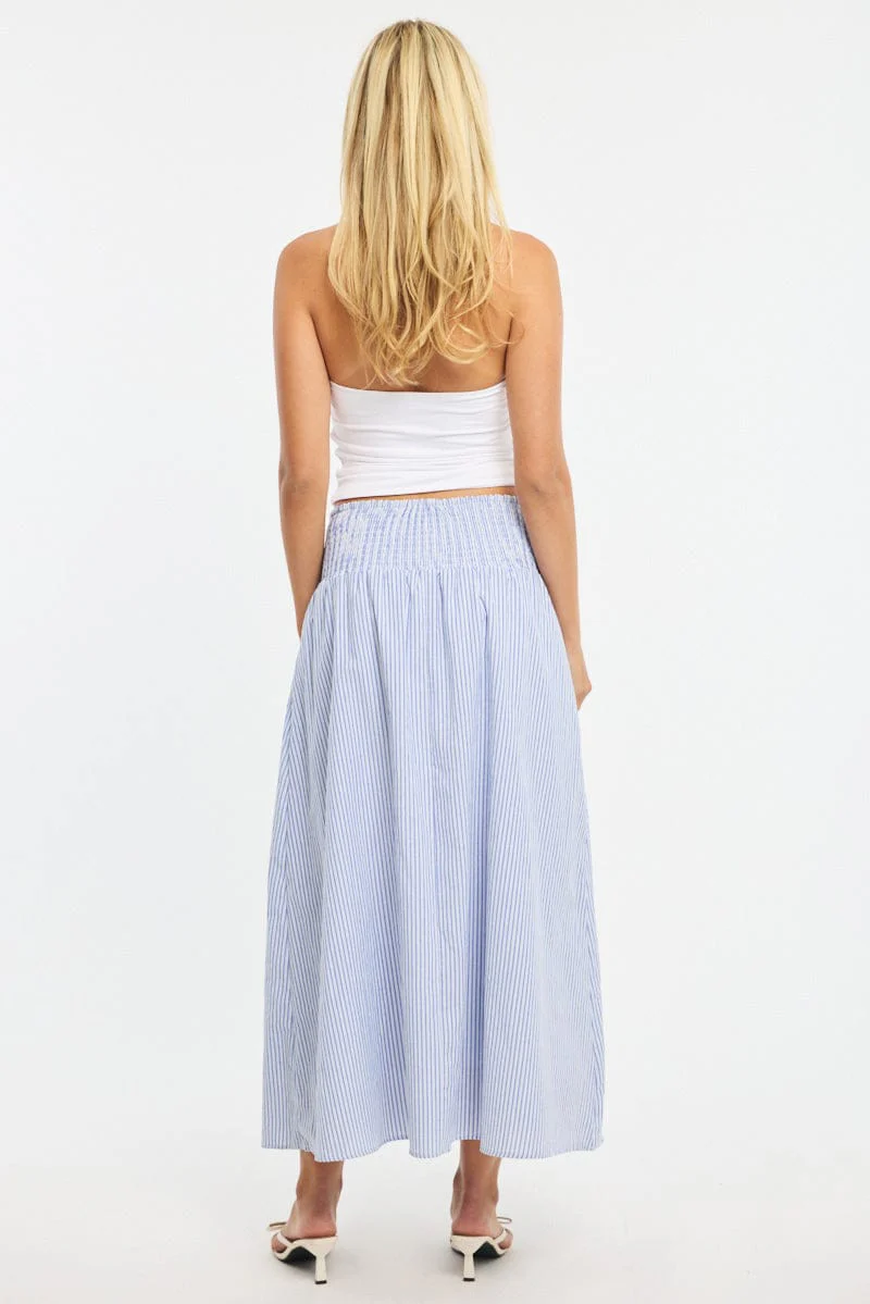 Blue Stripe Maxi Skirt Drop Waist Shirred Back - Image 5