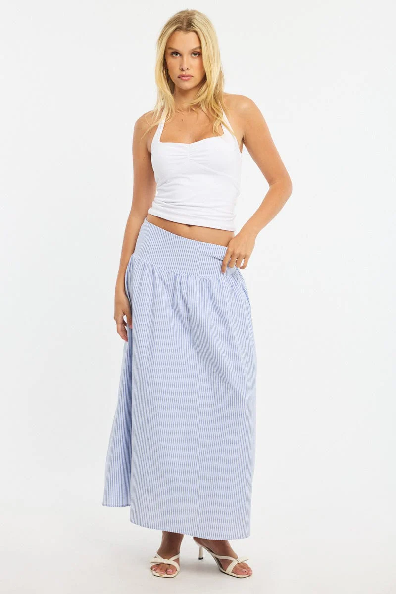 Blue Stripe Maxi Skirt Drop Waist Shirred Back - Image 4