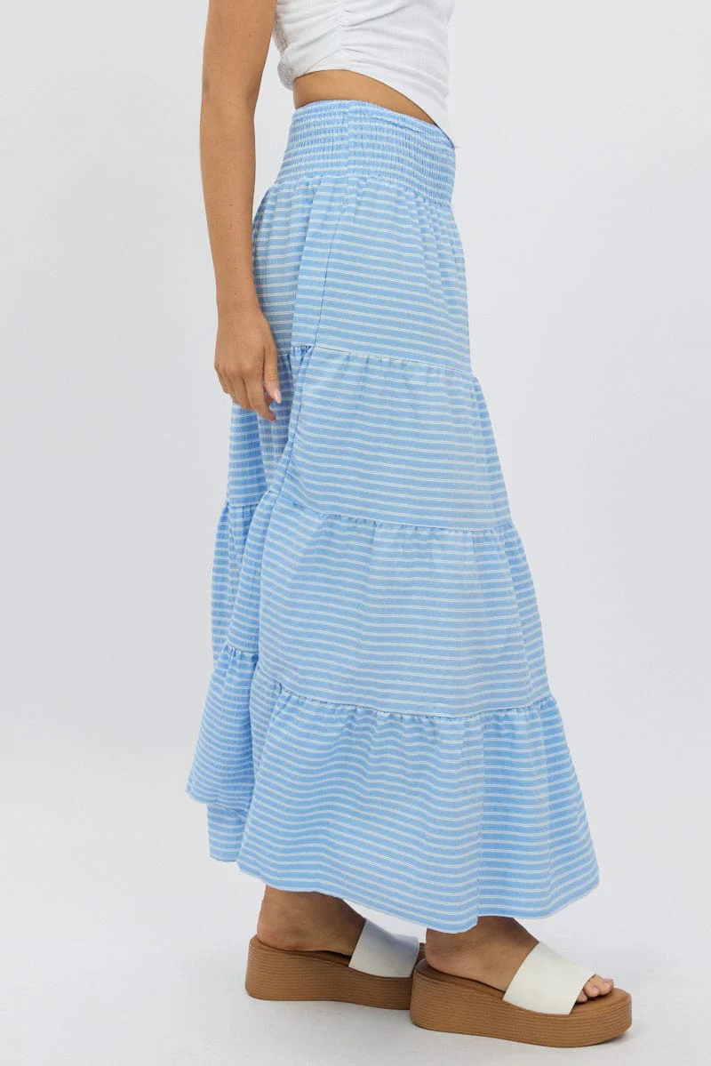 Blue Stripe Maxi Skirt Shirred Waist Tiered Relaxed Fit - Image 5