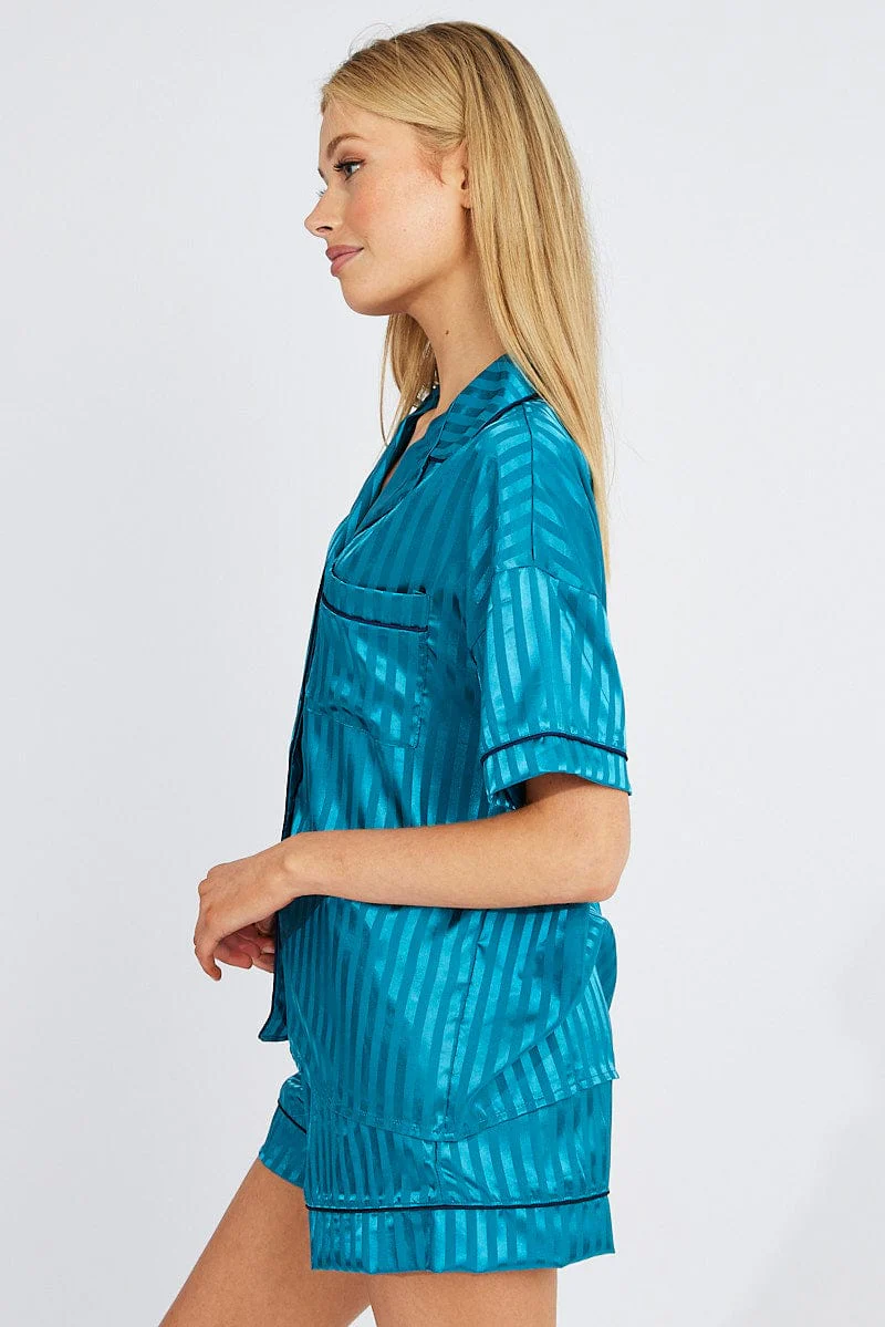 Blue Stripe Pyjama Set Stripe Satin Jacquard Navy Piping PJ - Image 4