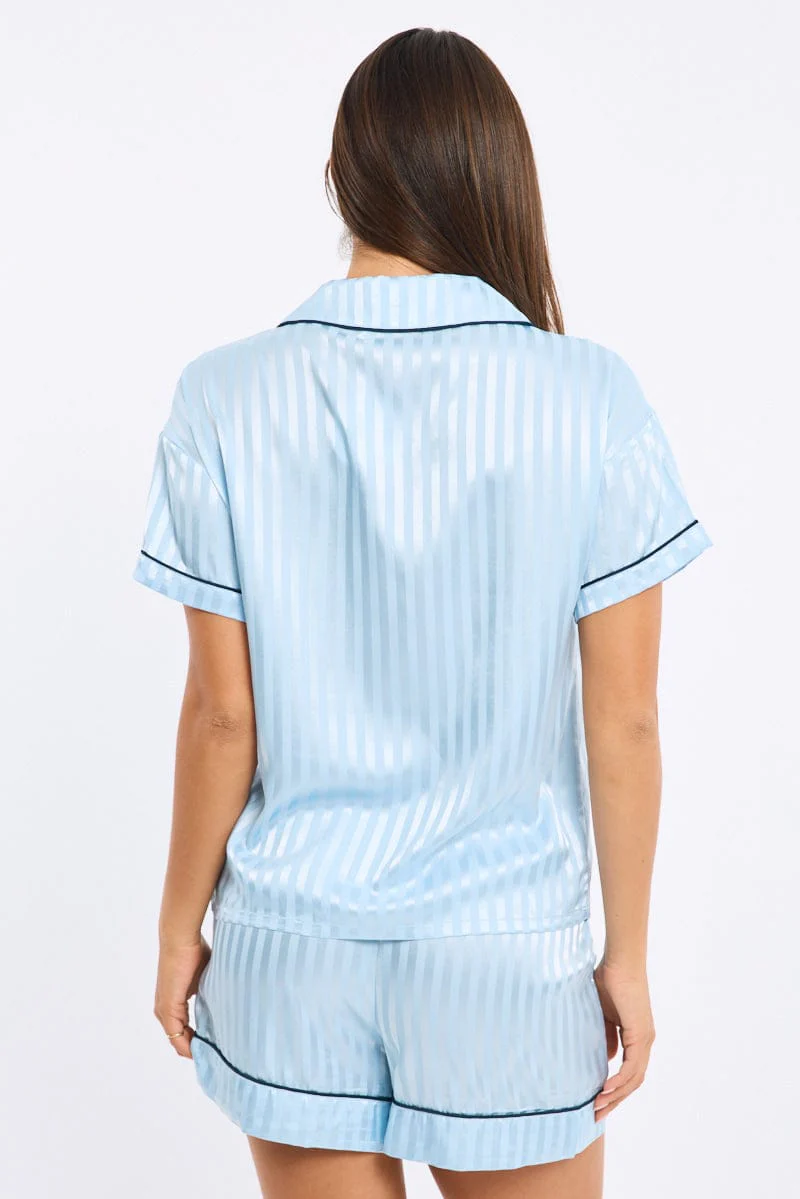 Blue Stripe Pyjamas Set Short Sleeve Satin Jacquard - Image 4
