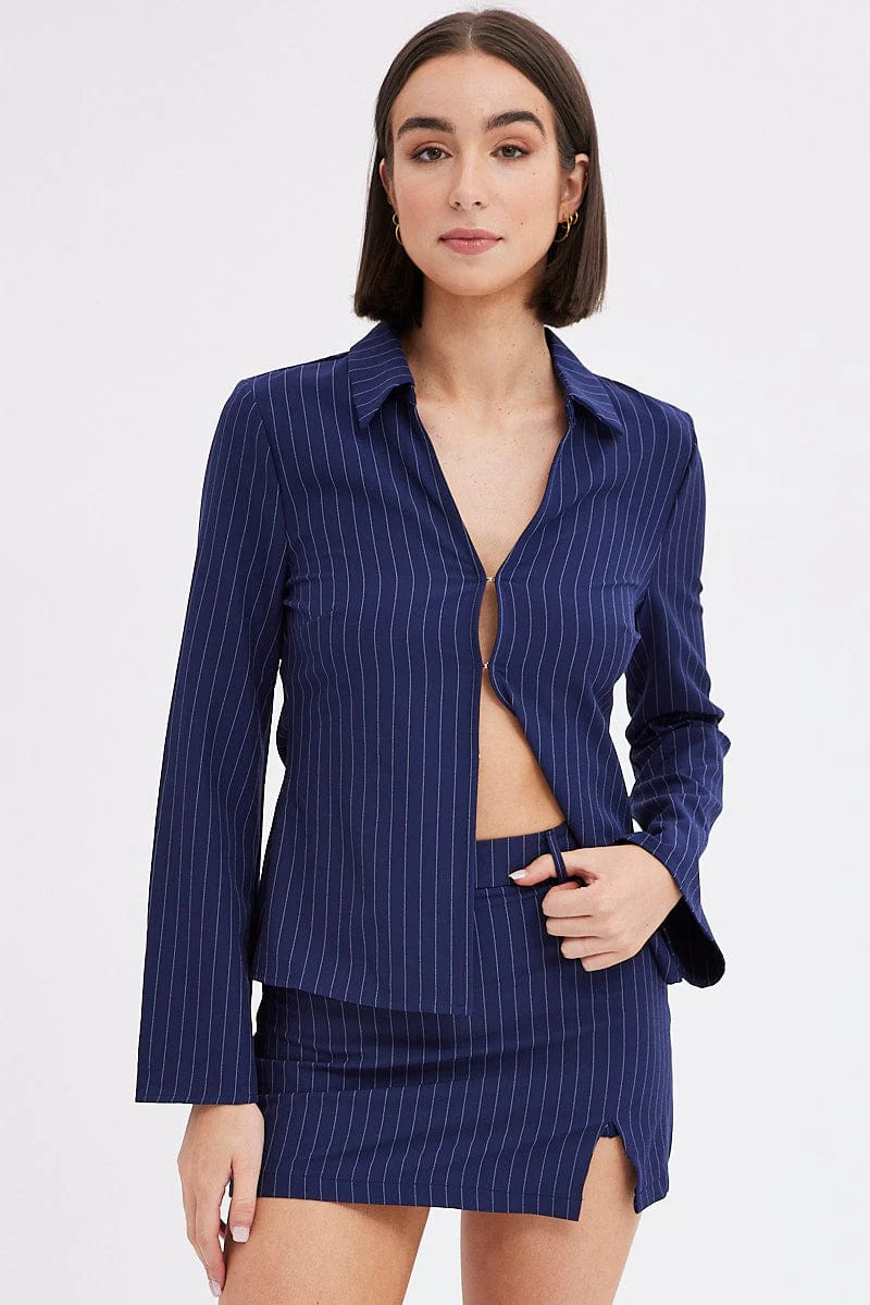 Blue Stripe Shirt Long Sleeve Collared Hook & Eye - Image 3