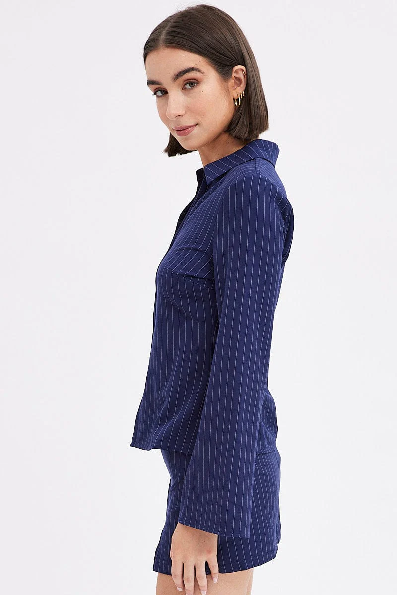 Blue Stripe Shirt Long Sleeve Collared Hook & Eye - Image 4